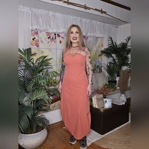 Salmon Spaghetti Strap Cargo Maxi Dress